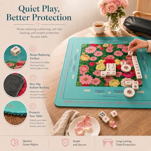 Red Rose Mahjong Mat 33x33 Inch, Floral Mahjong Mat with Carry Bag, Non-Slip Noise Reducing Waterproof Mahjong Table Mat for American Mahjong, Poker & Board Games
