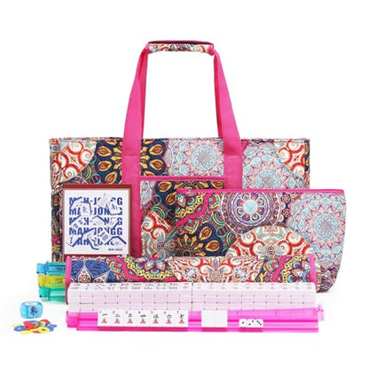 American Mahjong Tile Set with Rose-Red Printed Carrying Bag, 166 Premium White Tiles, 4 All-in-One Color Racks/Pushers, Mah Jongg Sets, Complete Mahjong Game Set for Travel - color: Rose-red Print