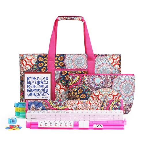 American Mahjong Tile Set with Rose-Red Printed Carrying Bag, 166 Premium White Tiles, 4 All-in-One Color Racks/Pushers, Mah Jongg Sets, Complete Mahjong Game Set for Travel - color: Rose-red Print
