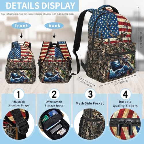 Camo Fish Backpack for Boys American Flag Bass Fish Deer School Backpack for Boys Girls Elementary Middle School Bookbag Travel Daypack Students Back Pack - color: Camo Fish