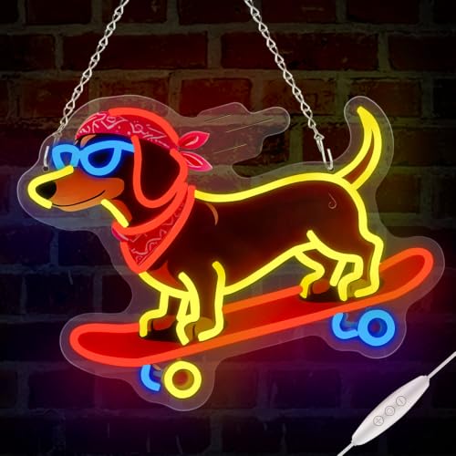 Skateboard Dog Neon Signs, Dachshund Skateboarding Neon Sign Cool LED Wall Art Decor | Dimmable Dog Lover Gift | Idea for Living Room, Bar, Shop, or Birthday Party - color: Dachshund