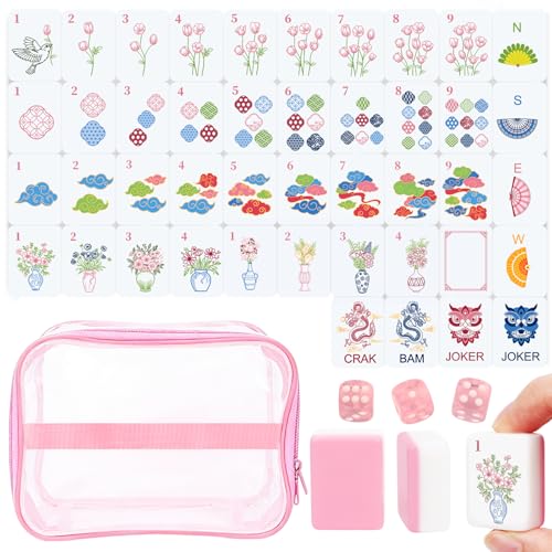 162 American Mahjong Tile Set with Storage Bag & Dice, 1.2" Mini Pink 3D Engraved Melamine Mahjong Tiles Travel Game for Adults, Friend & Family Game Night, Gifts for Mah-jongg Lovers - color: Pink
