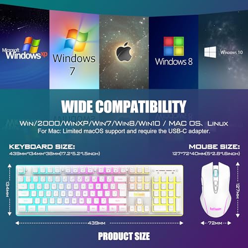 RedThunder K10 Wireless Gaming Keyboard and Mouse Combo, RGB Backlit Rechargeable 3800mAh Battery, Mechanical Feel Anti-ghosting Keyboard + 7D 3200DPI Mice for PC Gamer(White Pudding) - color: White Pudding