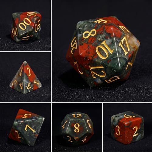 Natural African Bloodstone Dice Set, 7-Piece Hand-Carved Gemstone Polyhedral Dice for Dungeons & Dragons (D&D), Pathfinder, MTG, Tabletop RPG Gaming, Heavy Stone Dice with Gold Numbers (Bloodstone) - color: Bloodstone