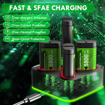 Rechargeable Battery Pack for Xbox One/Series X/S,4 x 5800mWh Rechargeable Batteries with RGB Charger Station,Fast Charging Battery Station for Xbox One S/X/X-Sereies S/X