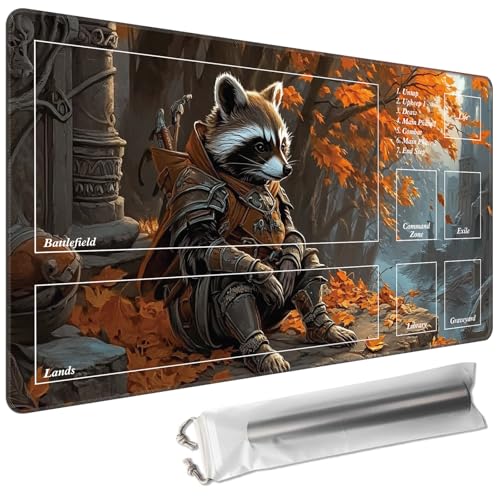 MTG Playmat with Magic Zone 27.5 x 15.7in Includes Storage Bag,TCG Playmat with Soft Surface Premium Non-Slip Rubber Backing Stitched Edges Durable Gaming Mat,Raccoon Knight - color: Raccoon Knight, size: 27.5"×15.7"With Zones