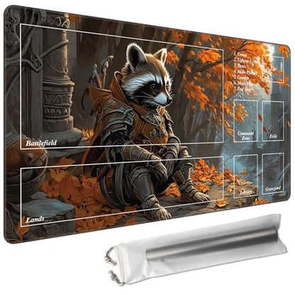 MTG Playmat with Magic Zone 27.5 x 15.7in Includes Storage Bag,TCG Playmat with Soft Surface Premium Non-Slip Rubber Backing Stitched Edges Durable Gaming Mat,Raccoon Knight - color: Raccoon Knight, size: 27.5"×15.7"With Zones