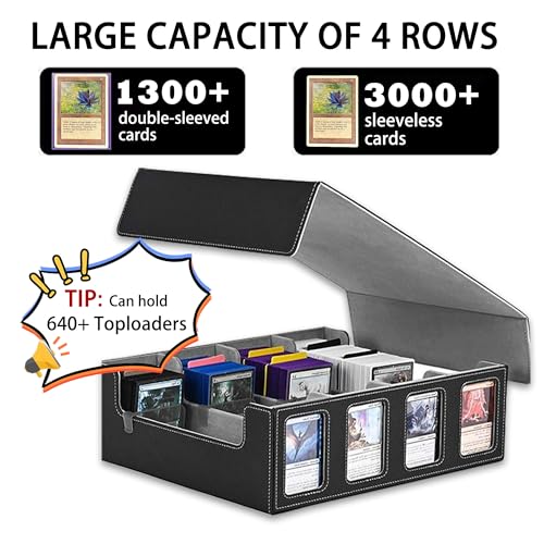 4-Row Trading Card Storage Box – Holds 3000+ Cards – Commander Display Slot, Magnetic Removable Lid, PU Leather Deck Box – Compatible with MTG Commander, TCG,(T2400Black&Gray) - color: T2400Black&Gray