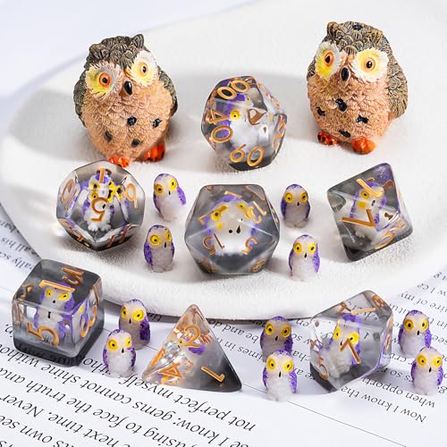 DND Owl Resin Dice Set, Animal Polyhedral Dice for Dungeons and Dragons, RPG, MTG D&D 7-DIE (D4, D6, D8, D10, D12, D20, D%) - color: Owl