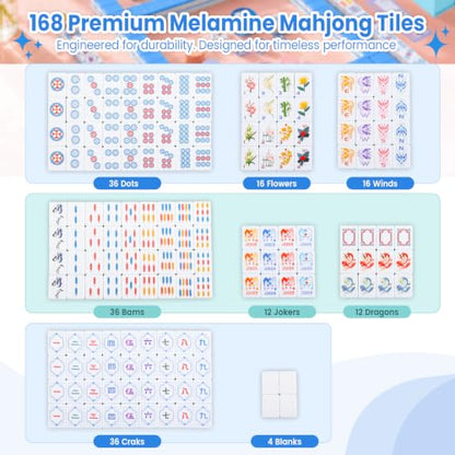 Blue American Mahjong Tile Set, 168 Premium Melamine Tiles | Gift-Ready Set with Storage Bag, Dice, Chips & Accessories for Family Game Nights, Parties, Travel and Vacations - color: Blue