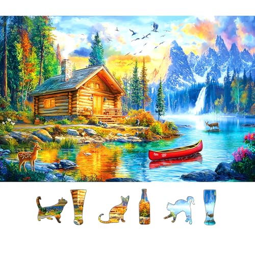 500 Piece Jigsaw Puzzle for Adults Mountain Lake Cabin Nature Forest Waterfall Deer Sunset Landscape Family Challenging Puzzles with Letters on Back Perfect for Game Night (23"X15") - color: Colorful Lake Cabin, size: (23"x15")