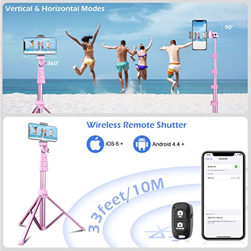 Sensyne 62" Phone Tripod & Selfie Stick, Extendable Cell Phone Tripod Stand with Wireless Remote and Phone Holder, Compatible with iPhone Android Phone, Camera - color: Pink, size: 62-inch