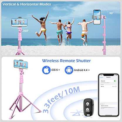 Sensyne 62" Phone Tripod & Selfie Stick, Extendable Cell Phone Tripod Stand with Wireless Remote and Phone Holder, Compatible with iPhone Android Phone, Camera - color: Pink, size: 62-inch