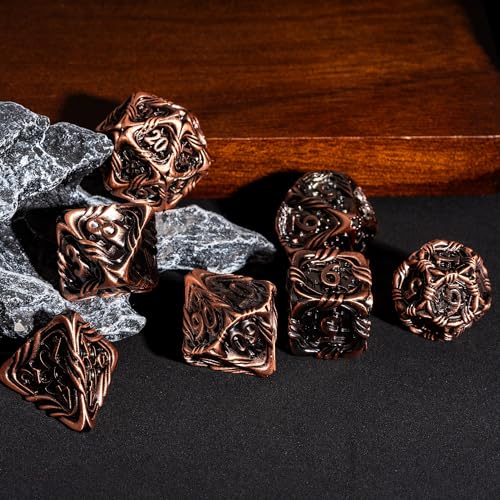 7-Die Metal DND Dice Set Role Playing Dice for RPG Table Games | Vine Design PU Leather Pouch for Dungeons and Dragons - color: Vine-ancient Copper