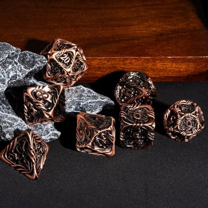7-Die Metal DND Dice Set Role Playing Dice for RPG Table Games | Vine Design PU Leather Pouch for Dungeons and Dragons - color: Vine-ancient Copper