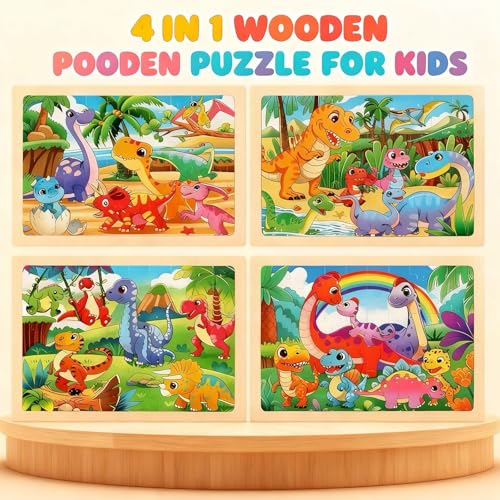 4 Packs 60 Piece Puzzles for Kids Ages 4-6, Wooden Animals Jigsaw Puzzles for Toddlers Age 4-8, Preschool Educational Puzzles Boards Toys, Brain Teaser Toys Gifts for 3 4 5 6 7 8 9 Boys Girls - style: Dinosaur