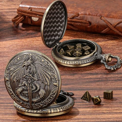 DragonSword D&D Dice Set with Pocket Watch Case, 7PCS Metal Dice Set for DND, Mini Dice with Gifts Case, Role Playing Board Games Accessories Gifts (Gold) - color: Gold