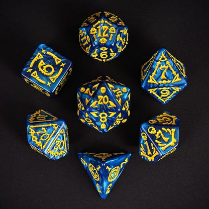 7-Die DND Dice Set Scary Pattern Polyhedral Dice Set with Leather Bag, Skull Dice D&D Dice Set for RPG Table Games.(Scary Pattern-Blue) - color: Halloween Pattern-blue