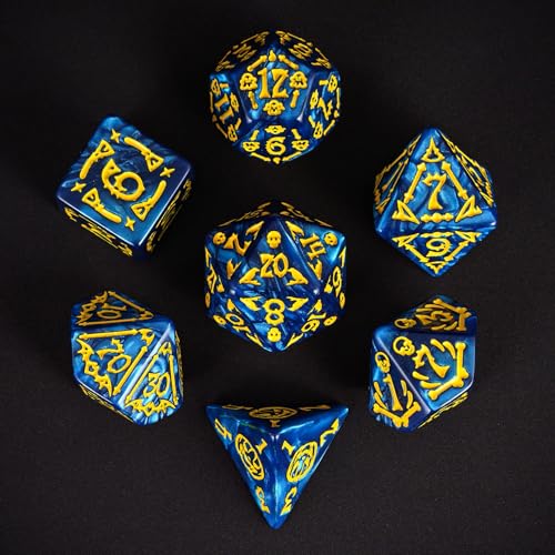 7-Die DND Dice Set Scary Pattern Polyhedral Dice Set with Leather Bag, Skull Dice D&D Dice Set for RPG Table Games.(Scary Pattern-Blue) - color: Halloween Pattern-blue