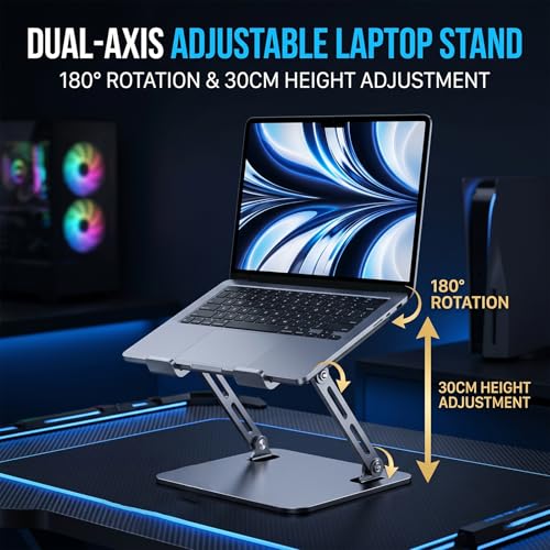 Laptop Cooling Stand with 12cm Turbo Fan, Ergonomic Dual-Axis Laptop Riser with 30cm Height Adjustment & 180° Rotation, 20KG Bearing Desk Stand for 11"-17" Laptops, Tablets, Gaming & Work (Silver)