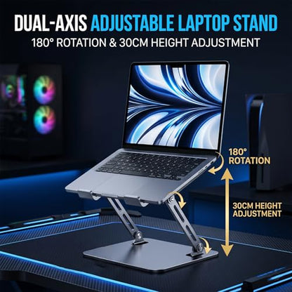 Laptop Cooling Stand with 12cm Turbo Fan, Ergonomic Dual-Axis Laptop Riser with 30cm Height Adjustment & 180° Rotation, 20KG Bearing Desk Stand for 11"-17" Laptops, Tablets, Gaming & Work (Silver)