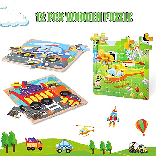 SANNIX 12 Pack Wooden Jigsaw Puzzles for Toddlers 3 4 5 Years Old | Party Favors Transportation Jigsaw for Kids, Educational Puzzles Travel Toy with 12 Organize Bags - style: Vehicles