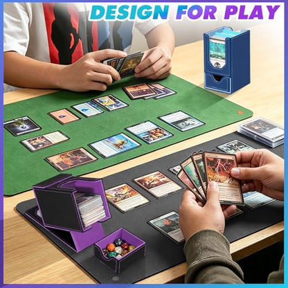 Card Deck Box for MTG Commander, Fits 100+ Double-Sleeved Cards Card Case | with Detachable Dice Tray, 2 Dividers, Removable lid, Trading Card Storage Box, Sturdy and Durable, Fits TCG/PTCG/Sports Card - color: Black and Purple