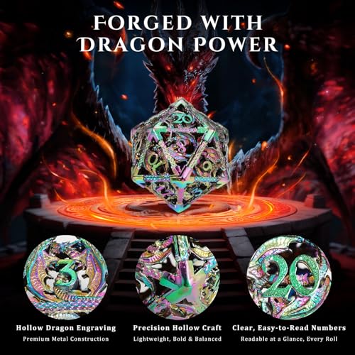 MoKo Dragon Hollow Metal DND Dice Set, Mixed Color | 7 Pcs Polyhedral, D20 D12 D10 D8 D6 D4, For Dungeons and Dragons RPG Games, With Gift Box - color: 4 - Mixed Color