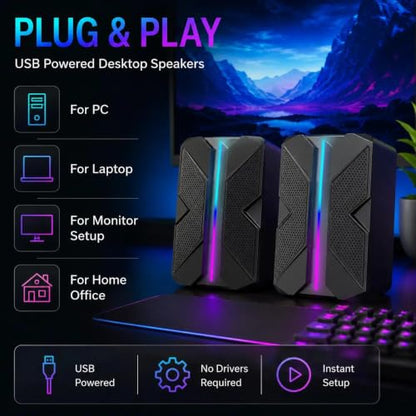 USB Computer Speakers with RGB Light, Compact Stereo Desktop Audio | Clear stereo sound with enhanced bass feel for music, movies, videos, meetings, and casual gaming.