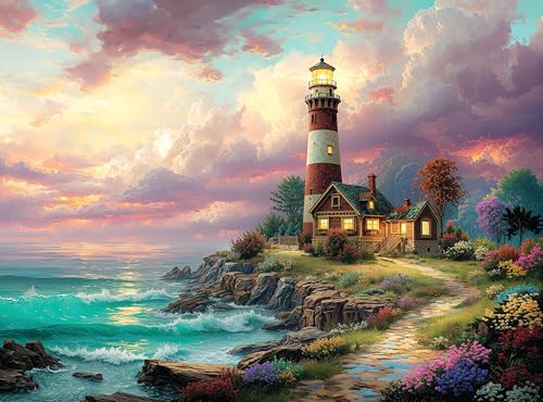 1000 Piece Jigsaw Puzzle for Adults - Ocean Lighthouse - Challenging Puzzle Perfect for Game Nights - Colorful Light House by the Beach Sunset 1000 Piece for Adults. 20x27 inches - color: Ocean Lighthouse