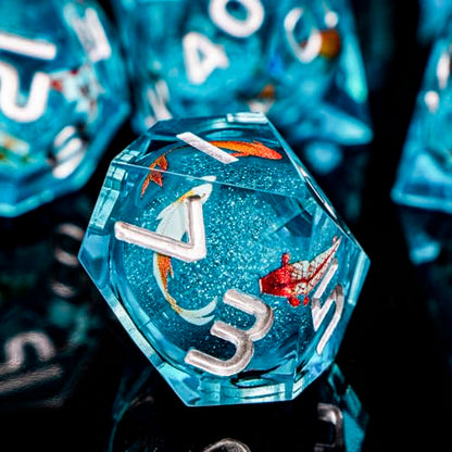 ARUOHHA Liquid Core DND Dice Set, 7pcs Resin Blue Sharp Edged Dragons Dice Compatible with D&D Role Playing Games, Handmade RPG Koi Fish Dungeons Polyhedral Dice Set D20 D12 D10 D8 D6 D4 - color: Hy-blue