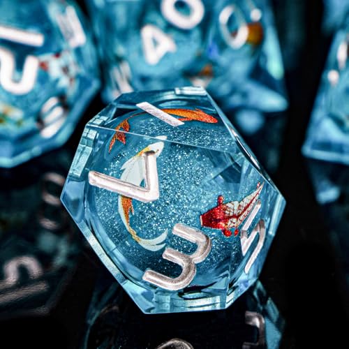 ARUOHHA Liquid Core DND Dice Set, 7pcs Resin Blue Sharp Edged Dragons Dice Compatible with D&D Role Playing Games, Handmade RPG Koi Fish Dungeons Polyhedral Dice Set D20 D12 D10 D8 D6 D4 - color: Hy-blue