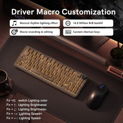 womier L65 60% Brown Mechanical Keyboard with Knob,4000mAh,Tri Mode USB-C/BT5.0/2.4G,RGB Backlit,Hot Swap,Linear Switch,Gasket Mounted Wireless Gaming Keyboard for PC/Mac,Wood Pattern Theme - color: Wood Pattern theme