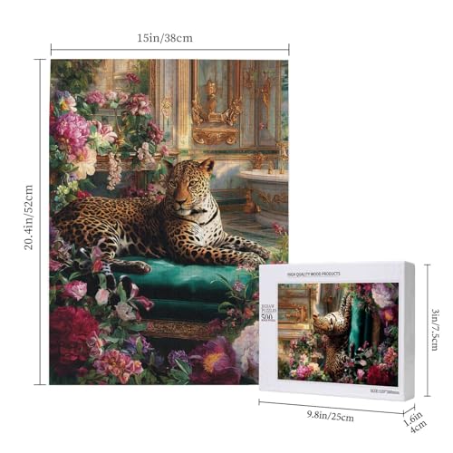 Vibrant Glamorous Leopard in Lush Floral Bath Space Wooden Jigsaw Puzzles for Adults 500 Pieces, Relaxing Escape from Daily Stress, Living Room Display Project, Party Game,Home Decor