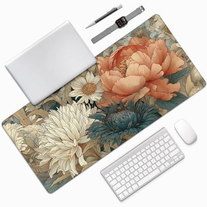 Retro Blossom Boho Floral Large Desk Pad, Anti-Slip Rubber Mouse Pad for Office and School, 35.4" x 15.7" - color: Retro Bohemian style colorful flowers