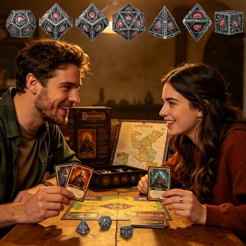 Metal Dice Set, Dragon Eye Theme, 7pcs Polyhedral Metal DND Dice Set, DND Starter Set, D&D Gifts with Gift Bag, Role Playing Board Games Accessories, Red Black Silver - color: Red Black Silver With Gift Bag