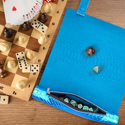 SIQUK 2 Pieces Magnetic Dice Mat Tray Rolling Mat with Zipper PU Leather Folding Scroll Dice Holder for D&D RPG Games (Light Blue, Lake Blue) - color: Light Blue, Lake Blue