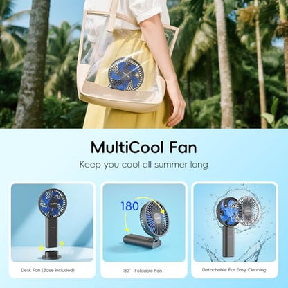 HandFan Upgraded 10,000 mAh Quiet Handheld Fan - 4.5 Inch Large Hand Held Fans Reahargeable, 180° Foldable Portable Fan [30 Working Hours] with Lanyard, Base for Disney/Travel/Concerts/Beach/Office - color: Blue‑Blade Black