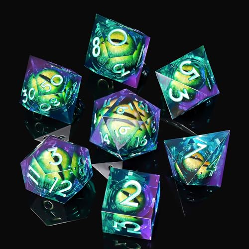 Beholder's Dragon Eye DND Dice Set,Sharp Edge Liquid Core Resin Handmade Cat Eye Dice with Gift Box 7 PCS for Role Playing Dungeons and Dragons Ttrpg(Green Purple Dragon Eye) - color: Green Purple Dragon Eye