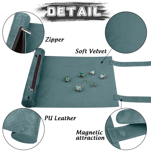 SIQUK 2 Pieces Magnetic Dice Mat Tray Rolling Mat with Zipper PU Leather Folding Scroll Dice Holder for D&D RPG Games (Cyan, Black) - color: Cyan, Black