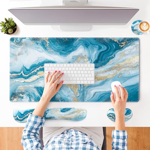 QIYI PU Leather Desk Mat Set, 4-in-1 Ergonomic Wrist Rest, Blue Fluid Art | Waterproof Large Mouse Pad 31.5×15.7 + Keyboard Wrist Rest + Mouse Wrist Support+Coaster, Non-Slip Office Gaming Accessories - color: Blue Fluid Art