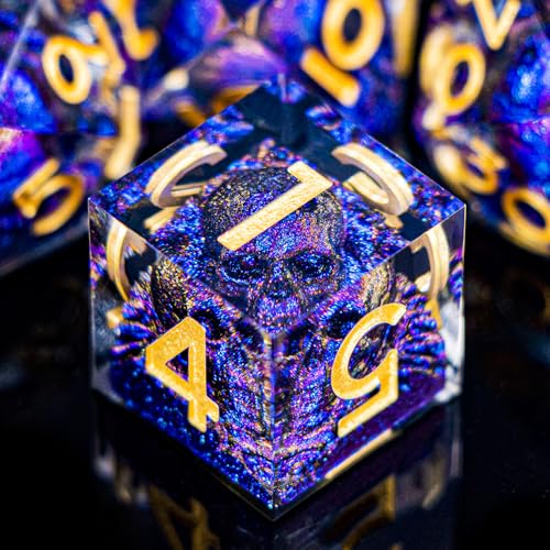 DND Skull Dice Set 7PCS Necromancer Polyhedral Dice for Dungeons Dragons RPG Role Playing Game, Resin Sharp Edged D and D Dice with Gift Box D6 D8 D10 D12 D20 (Blue-Violet) - color: Blue Purple&gold