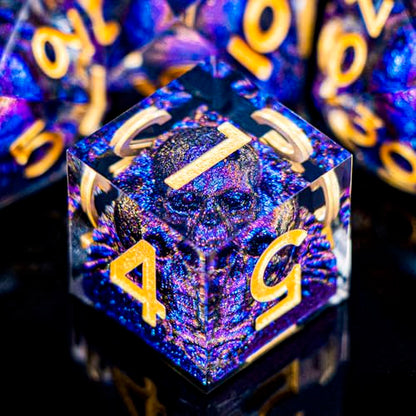DND Skull Dice Set 7PCS Necromancer Polyhedral Dice for Dungeons Dragons RPG Role Playing Game, Resin Sharp Edged D and D Dice with Gift Box D6 D8 D10 D12 D20 (Blue-Violet) - color: Blue Purple&gold