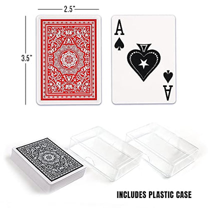 LotFancy Waterproof Playing Cards, Large Print, 100% Plastic, 2 Decks of Cards with Plastic Cases, for Texas Hold'em, Pool Beach Water Card Games, Jumbo Index Poker Size - style: Red Black Back Jumbo Index