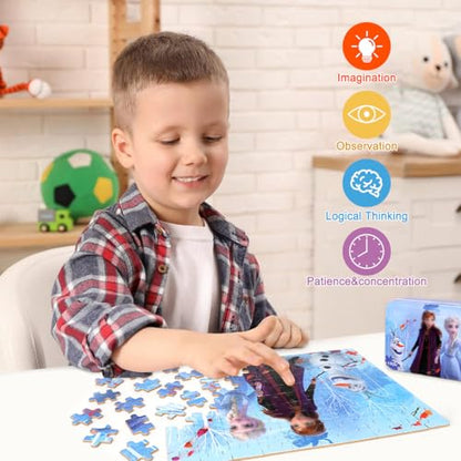 Puzzles for Kids Ages 4-8,Kids Puzzls in a Metal Box,Winter Princess Snowman Small Puzzes,Kid Boys Girls Learning Educational Puzles Packed in Tin Box,100 Pieces - color: Blue100
