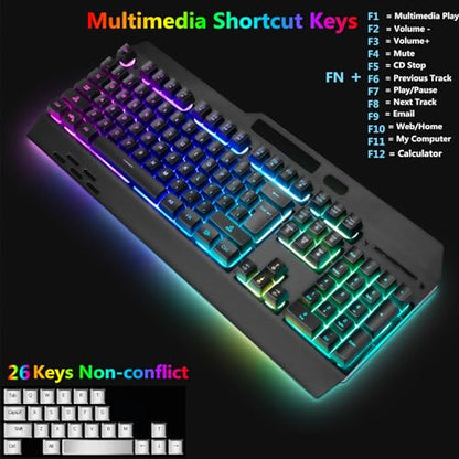 Wireless RGB Gaming Keyboard and Mouse - Rechargeable Backlit,Long Battery Life,Metal Panel Mechanical Feel with Palm Rest,7 Color Gaming Mouse and Mouse Pad for Game and Work