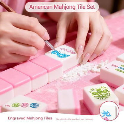 American Mahjong Tile Set, 166 Tiles (1.2”), Cute Mini Mahjong Tiles- Pink | Mahjong Tile Set with Carrying Bag, Dice, Mat, Portable Travel Complete Game Set for Home Outdoor Enthusiast Gift - color: Pink