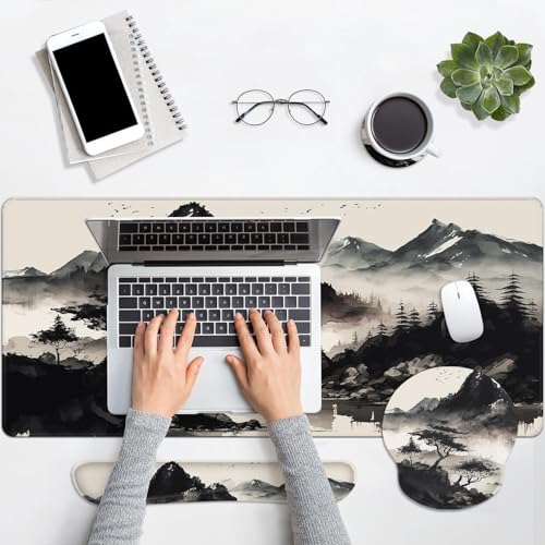 Britimes Black Ink Landscape Keyboard Mouse Pad Set 4in1 Large Mousepad+Keyboard Wrist Rest+Mouse Wrist Rest+Coaster Set with Ergonomic Design for Home Office Computer 35.4x15.7 inches - color: Black Ink Landscape