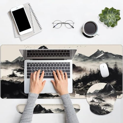 Britimes Black Ink Landscape Keyboard Mouse Pad Set 4in1 Large Mousepad+Keyboard Wrist Rest+Mouse Wrist Rest+Coaster Set with Ergonomic Design for Home Office Computer 35.4x15.7 inches - color: Black Ink Landscape