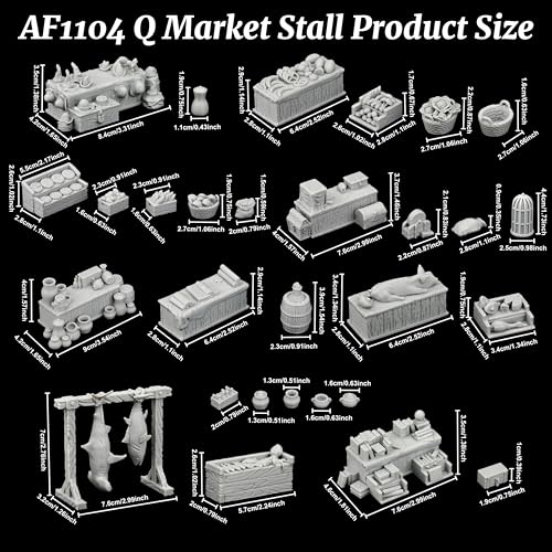 AUSPDICE Fantasy Bazaar Scatter Terrain, 25mm Unpainted Market Goods Set | TTRPG Market Goods with Food Crates, Fish Racks and Pottery for Village Maps, Role Playing Games and Game Masters, AF1104 Q - color: Af1104 Q Market Stall